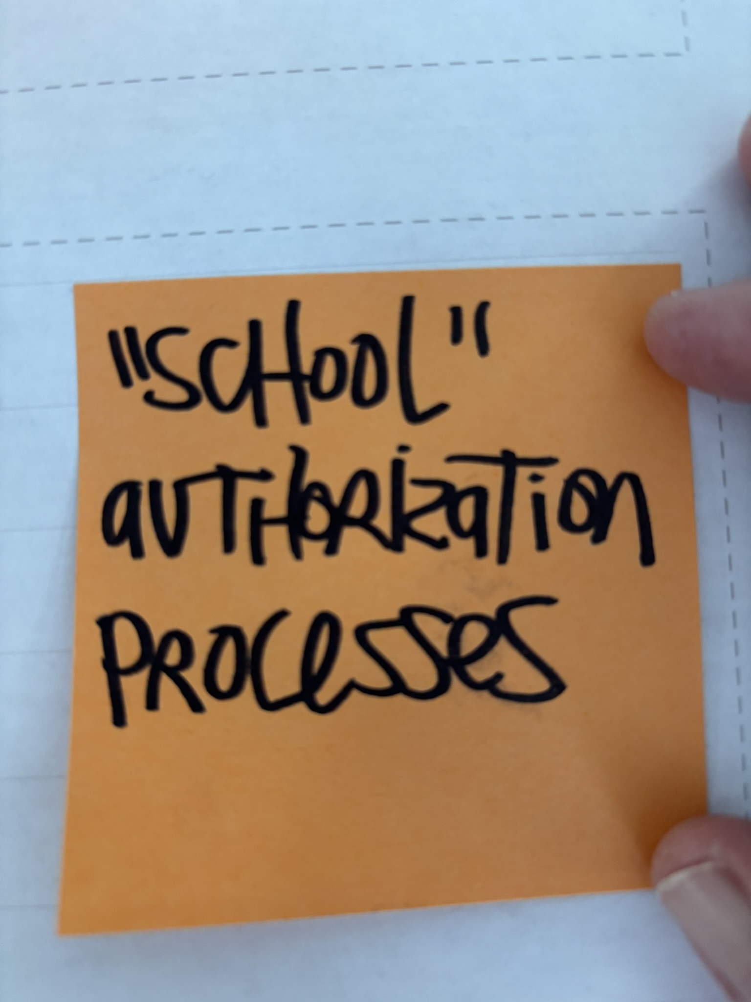 Orange sticky note reading "SCHOOL authorization PROCESSES"