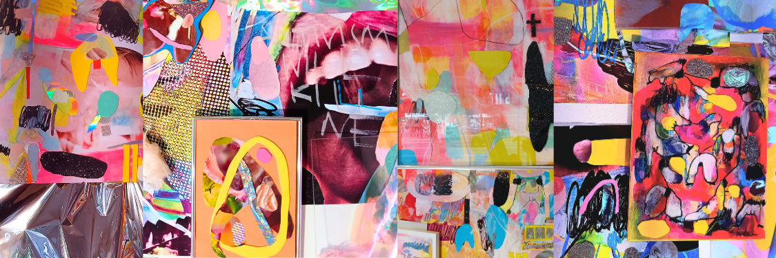 Vibrant pop-art collage with bold colors, geometric shapes and abstract elements