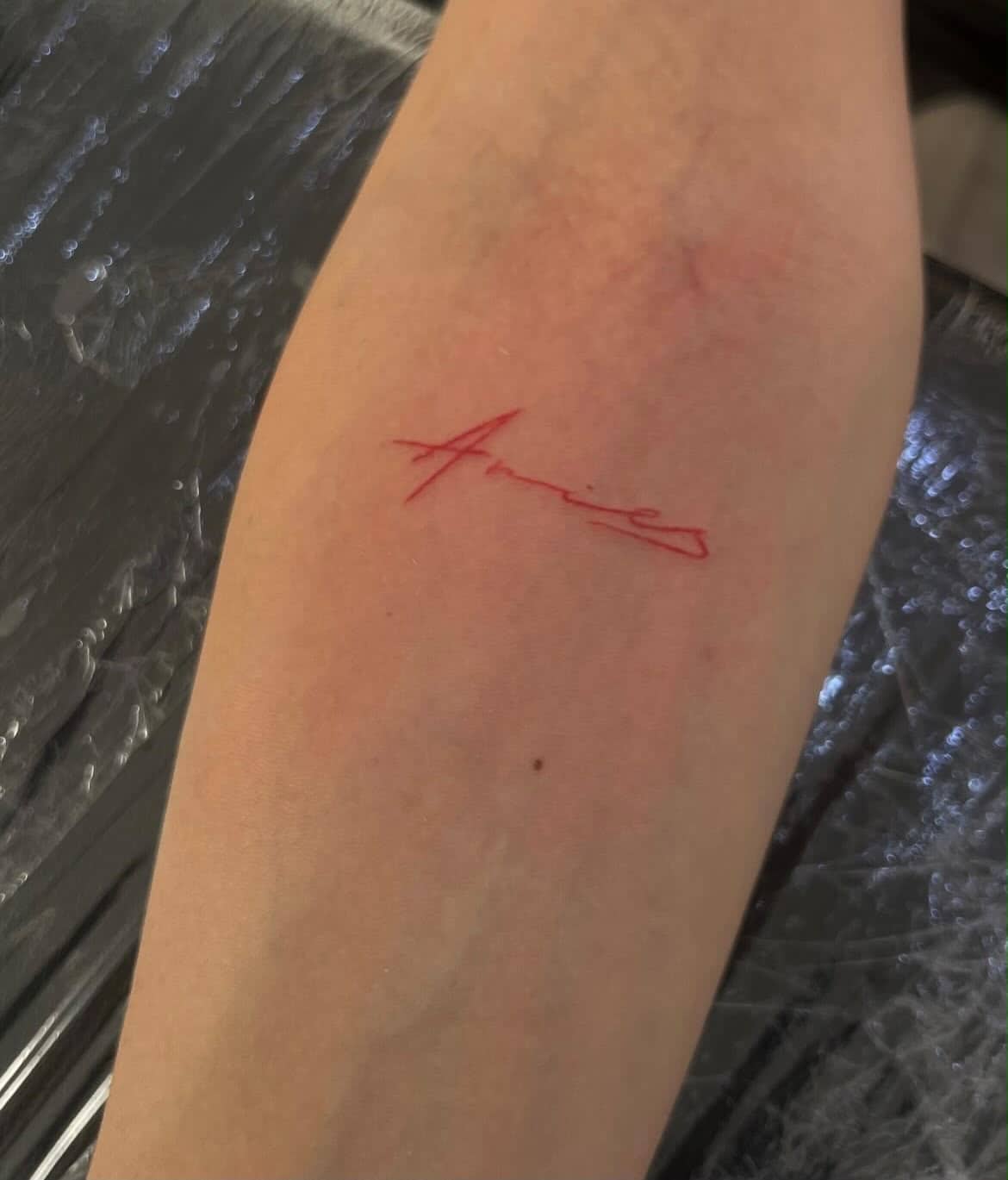 Fineline Kuh-Tattoo am Handgelenk