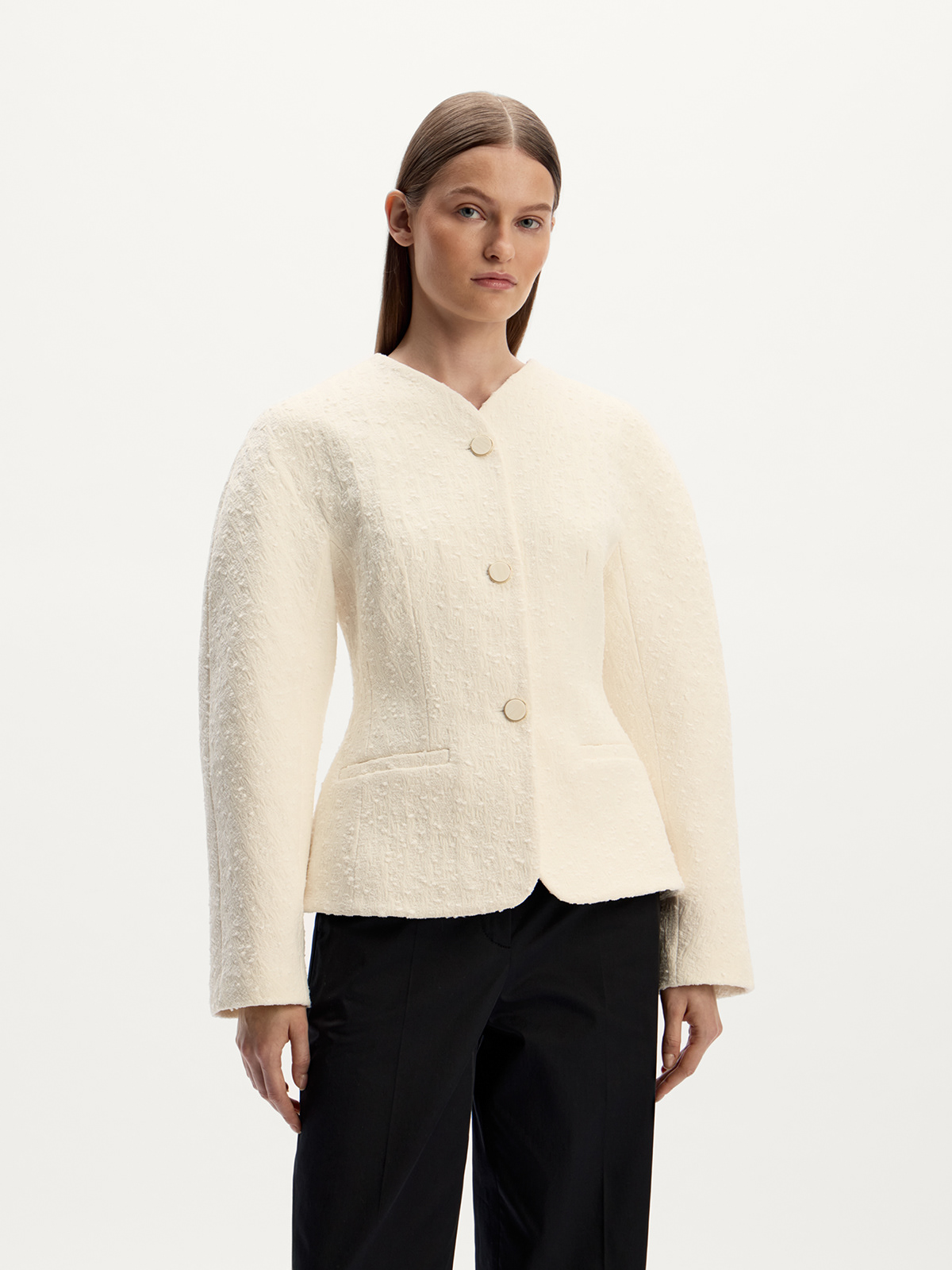 12Storeez — cream boucle fitted jacket + black trousers