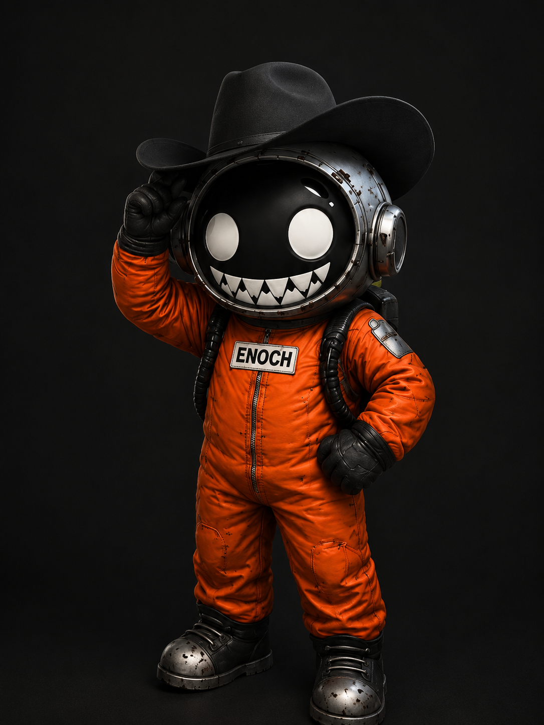 ENOCH character in orange suit tipping a cowboy hat