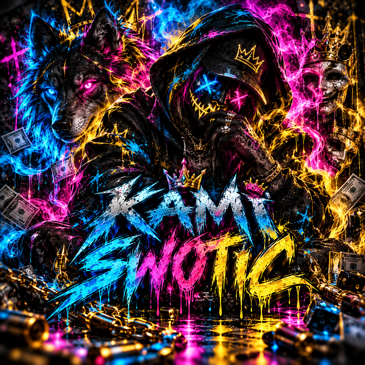 KAMI Swotic: a hooded operator and wolf in electric blue, magenta, and gold.