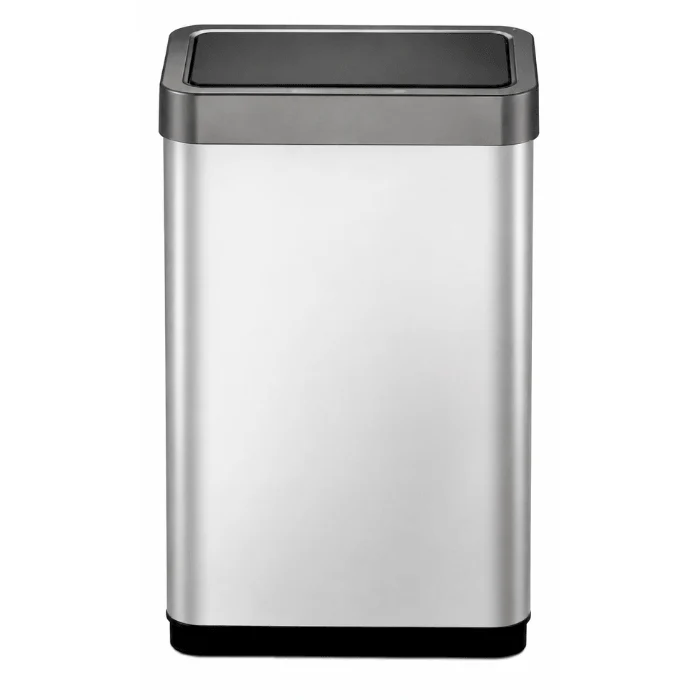 Lixeira de luxo em aço inox com tampa touch preta, vista frontal