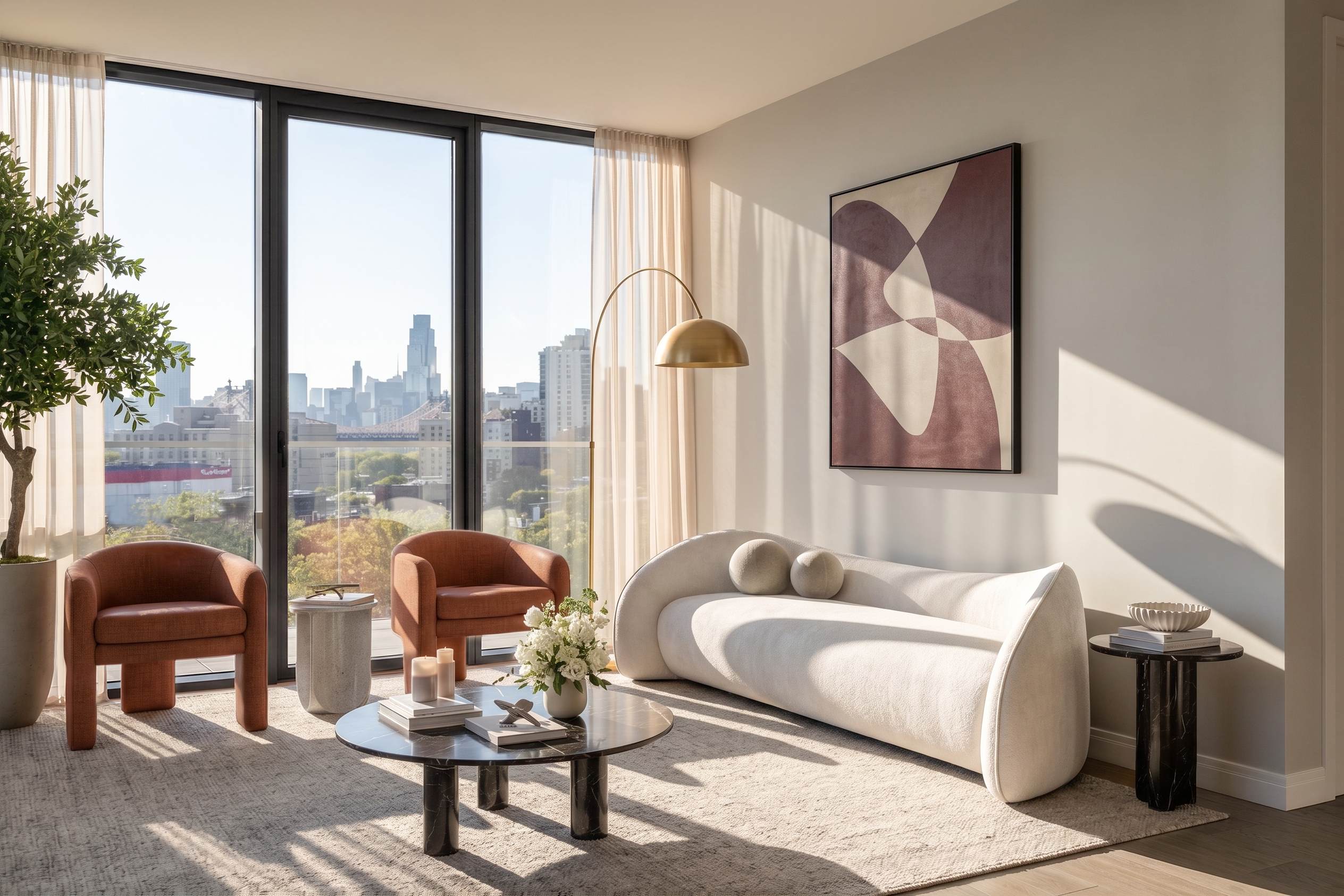 Living room interior with city views