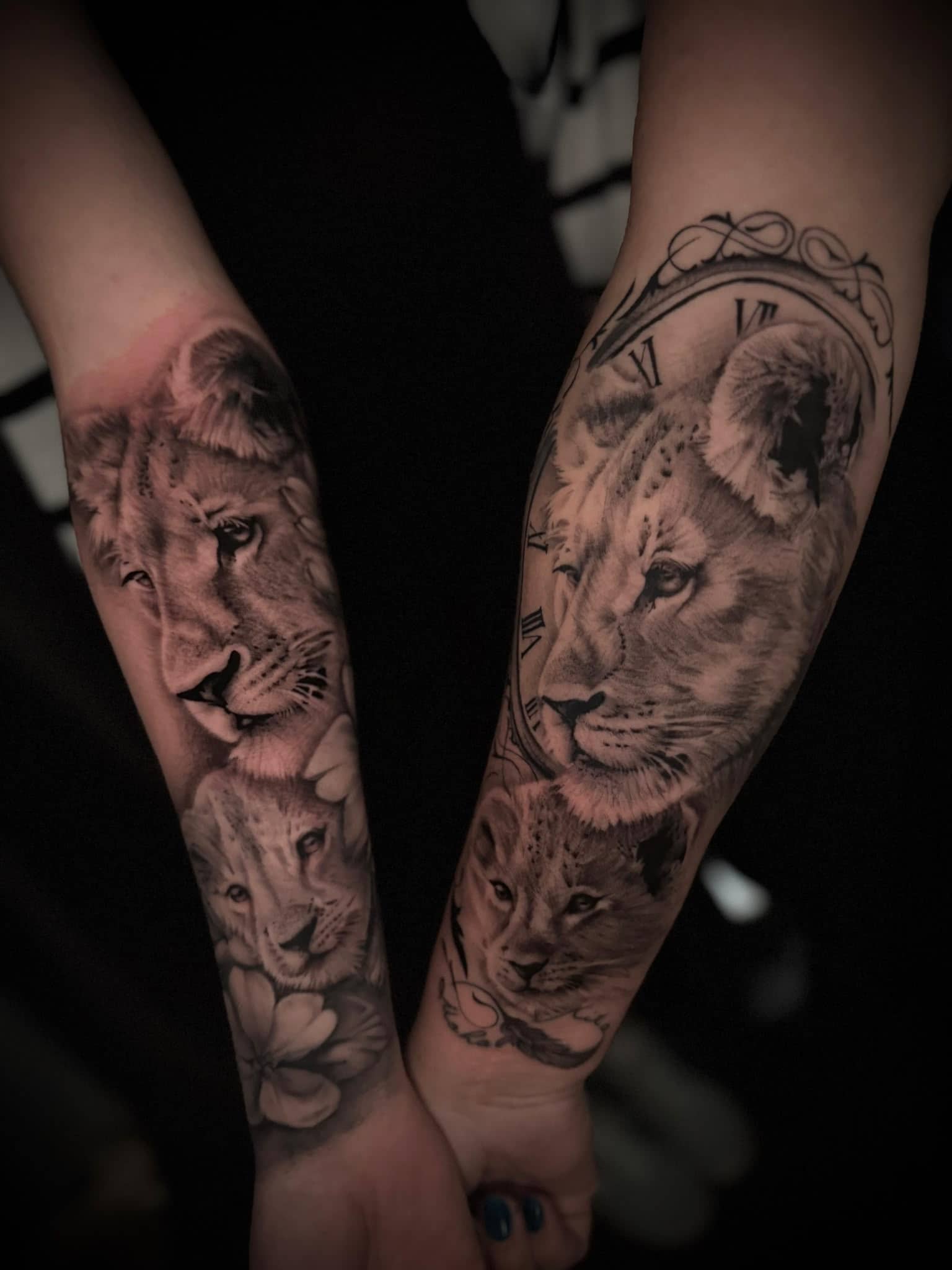 Black and Grey Partner-Tattoo Loewin mit Jungtieren auf beiden Unterarmen