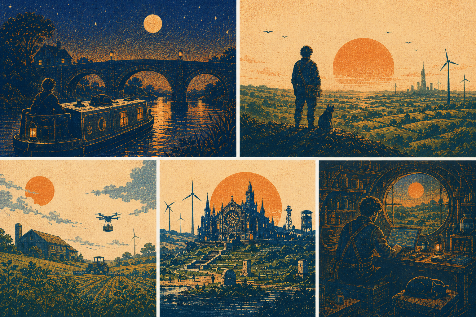 A collage of Solystopian landscapes, from canal boats to farmsteads and workshops