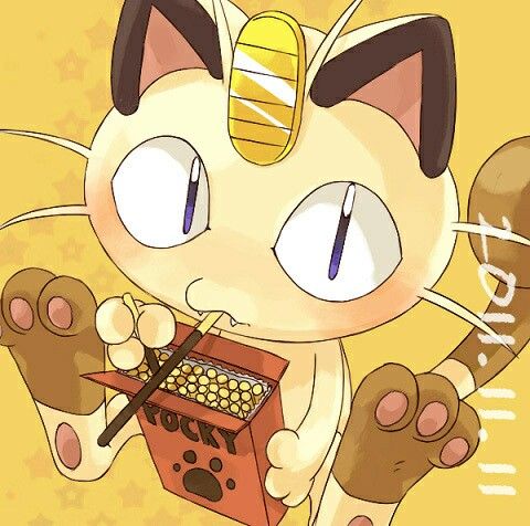 Meowth enjoying a box of shiny treats