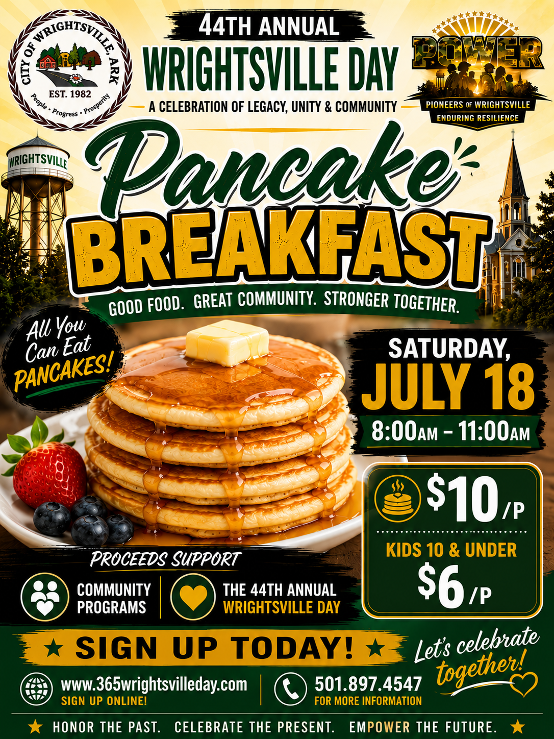 Wrightsville Day Pancake Breakfast flyer - Saturday July 18, 8AM to 11AM, all you can eat pancakes