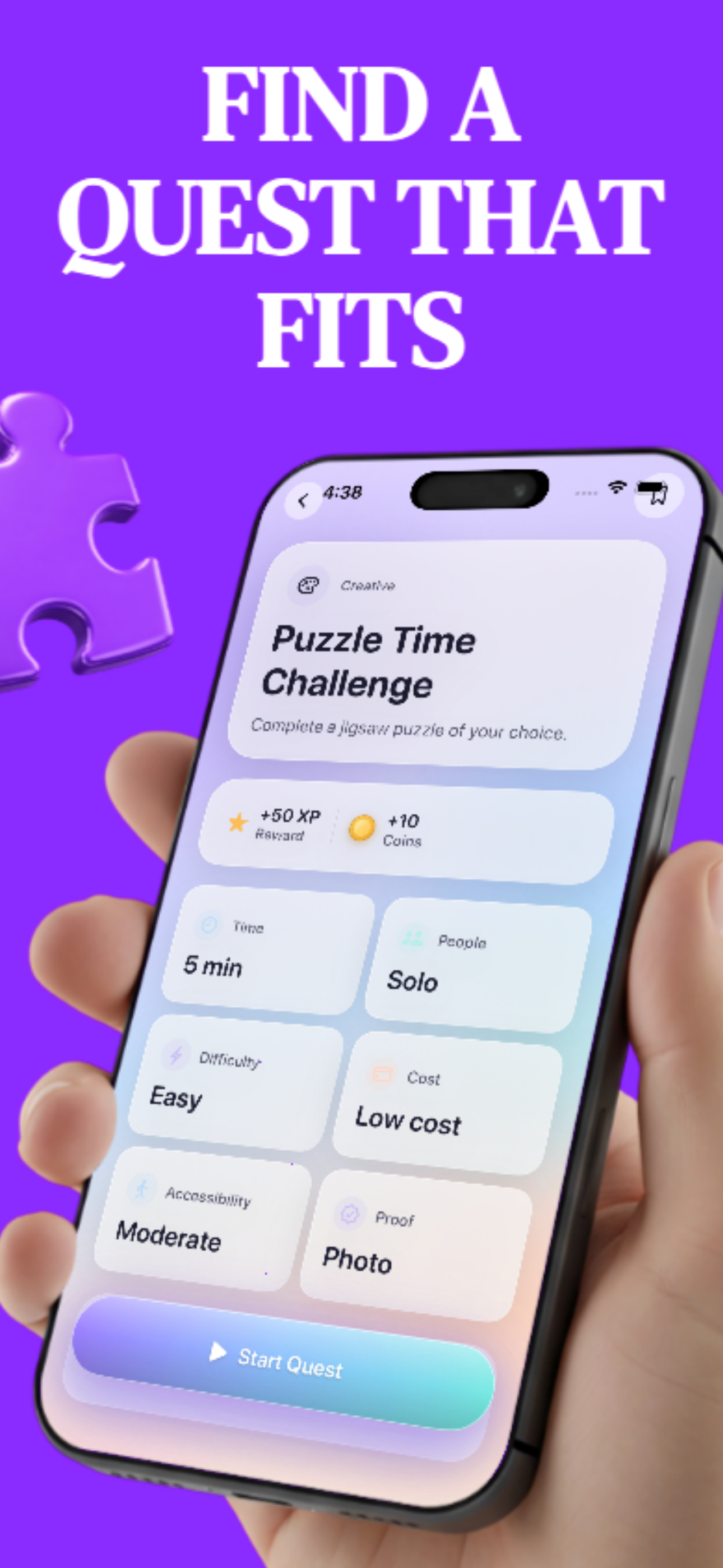 Quest details showing time, difficulty, and rewards