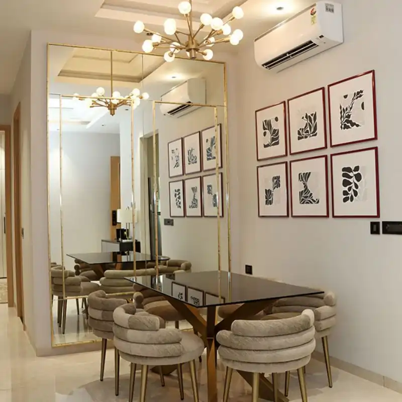 Wave Eden modern dining area with botanical wall art and designer furniture