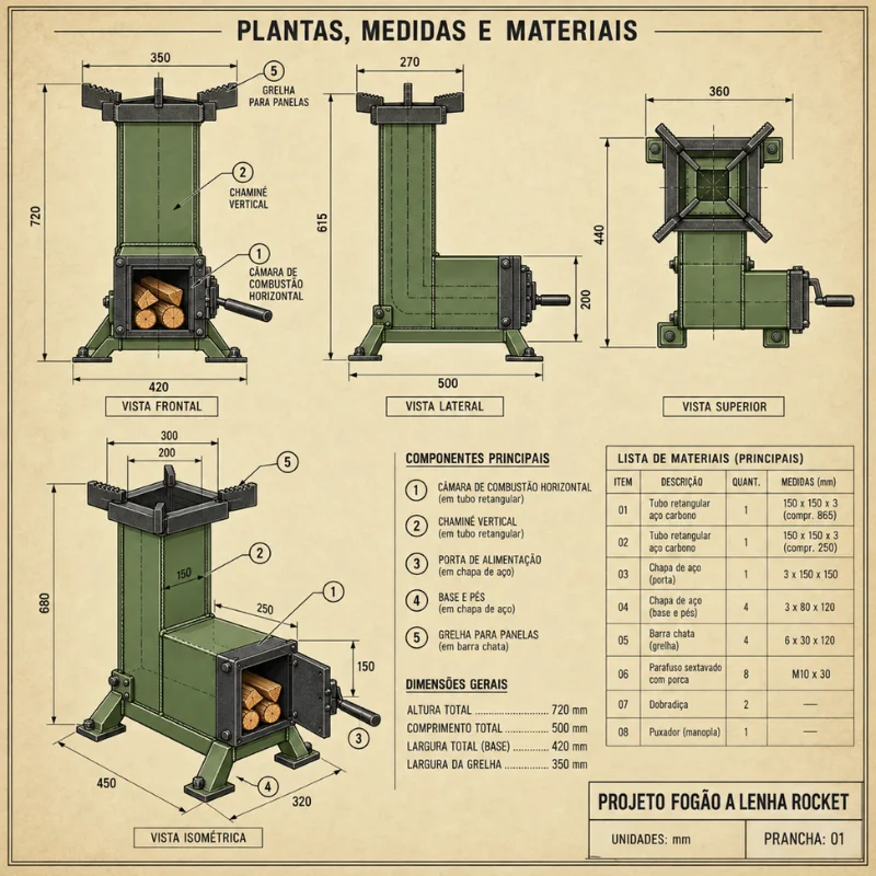 Plantas, medidas e materiais