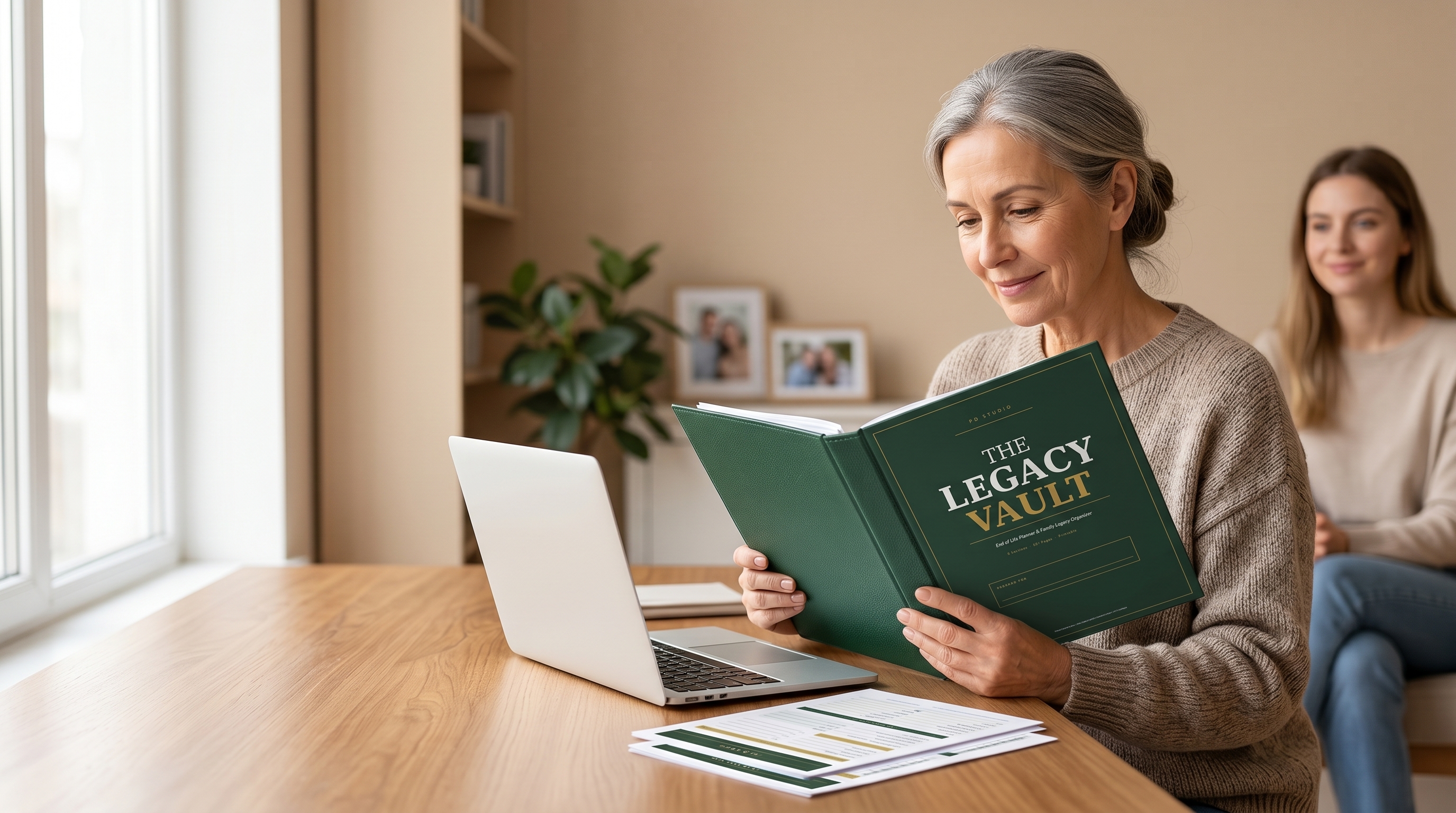 Woman reading The Legacy Vault with family in background