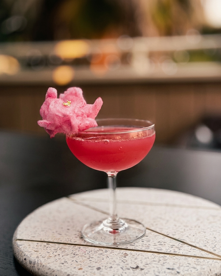 Red cocktail with cotton candy garnish