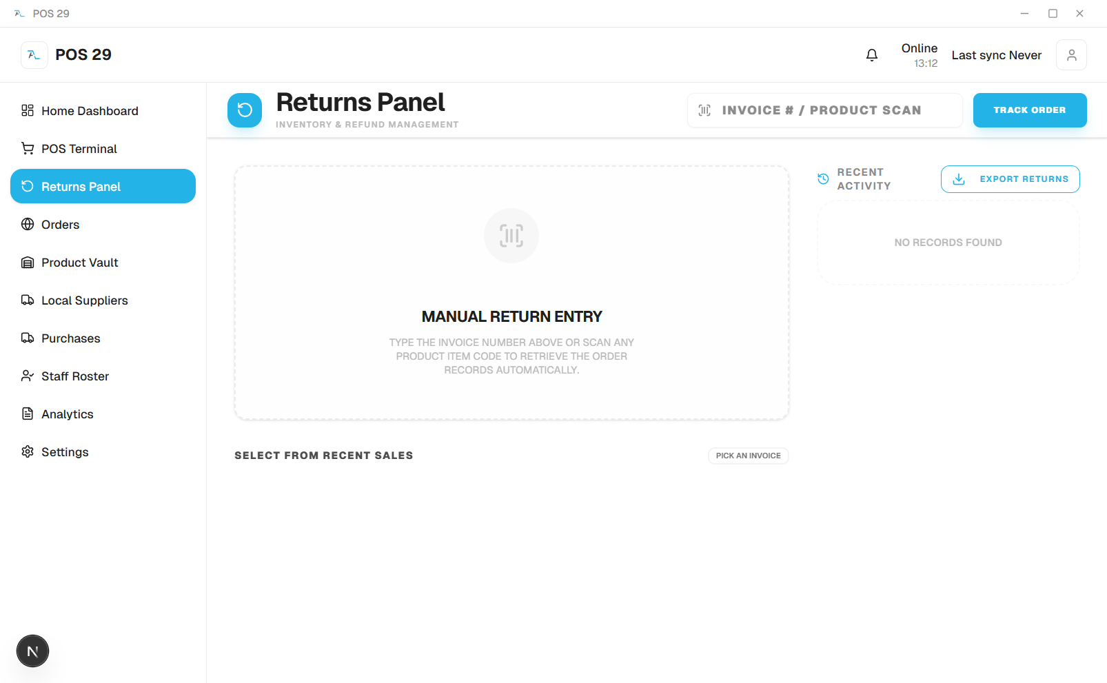 Returns Panel showing manual return entry via invoice number or product scan with recent activity sidebar