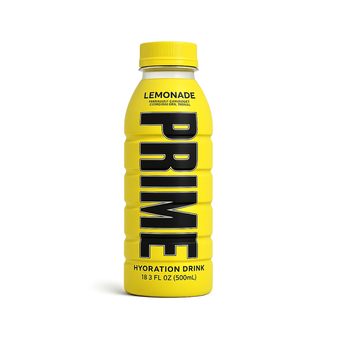 PRIME Lemonade hydration drink bottle rendered with sharp label fidelity