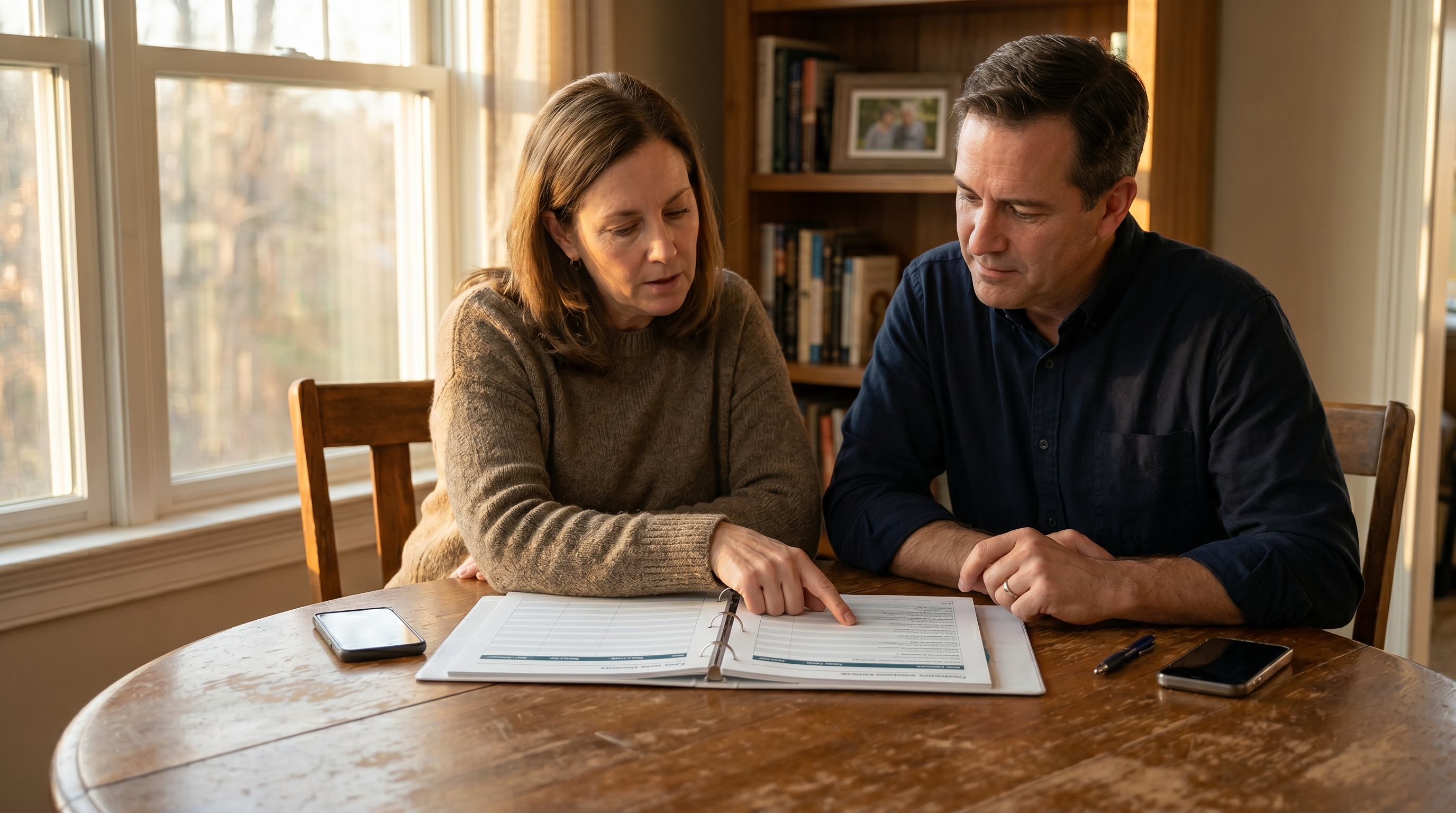 Couple reviewing the care binder together at their kitchen table