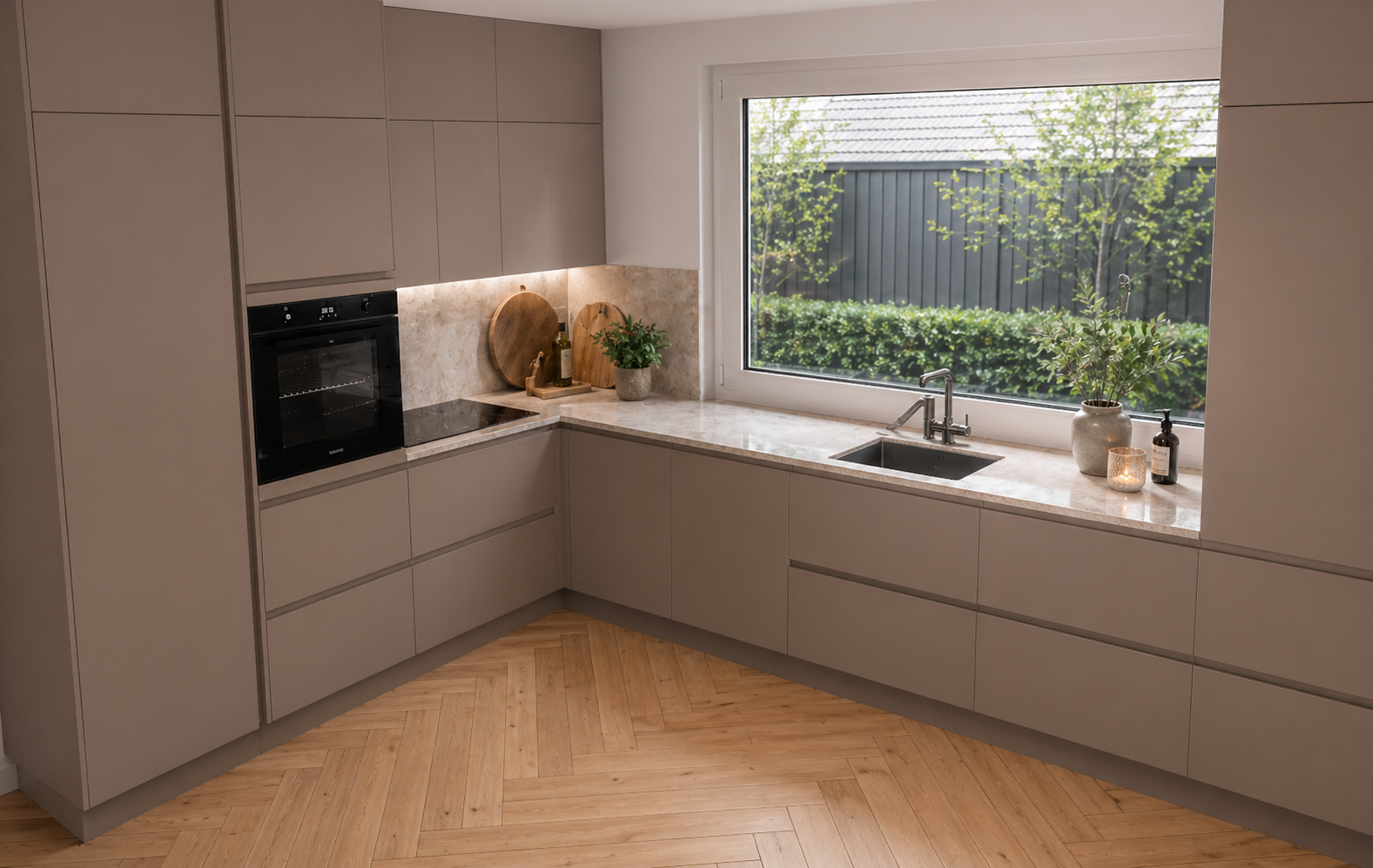 Taupe hoek keuken met marmeren achterwand en tuinzicht