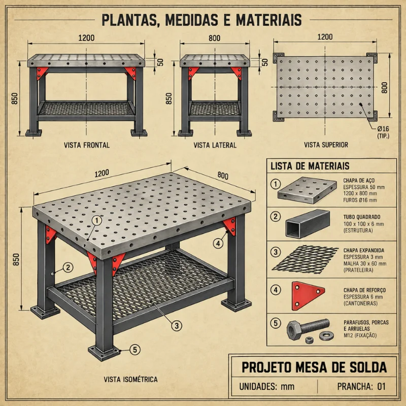 Plantas, medidas e materiais