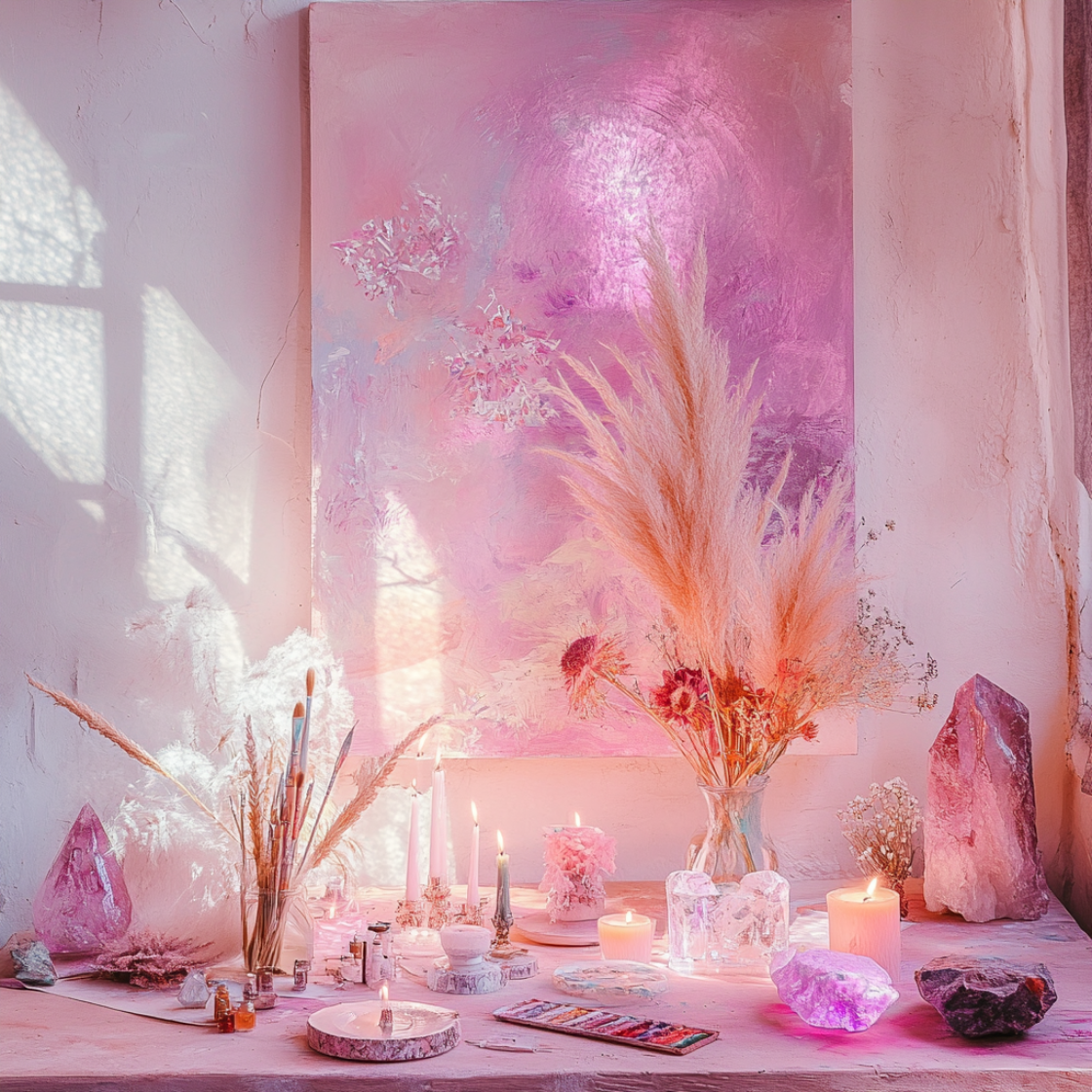 Spiritual art setup with crystals and candles