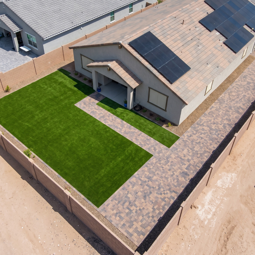 Aerial View: Paver Patio & Turf Lawn