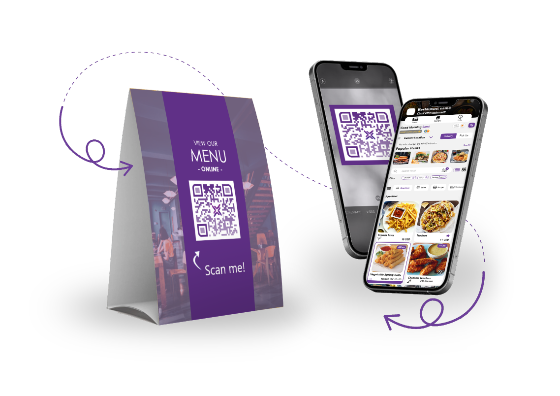 Chevalet de table avec QR code et deux smartphones affichant la carte digitale d'un restaurant