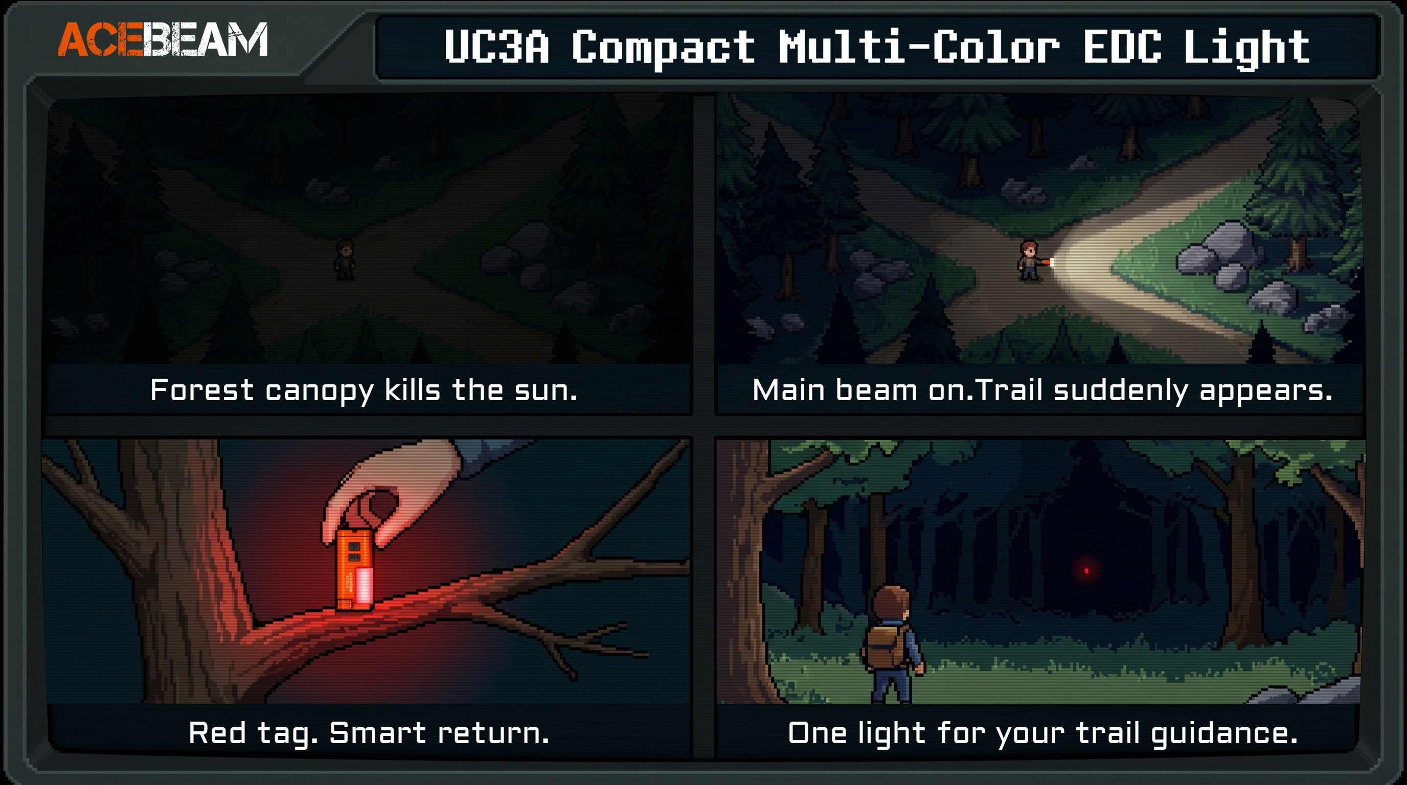 Forest trail navigation - main beam revealing path, red tag for marking return