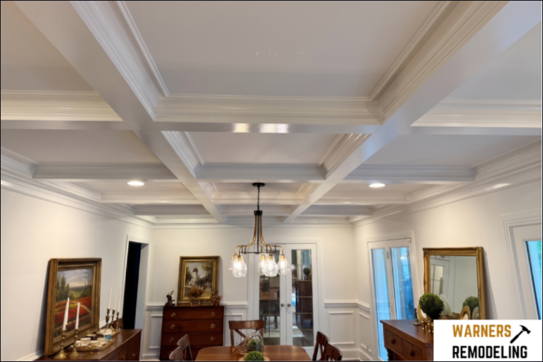 Formal dining room with a detailed white coffered ceiling, wainscoting, and a chandelier