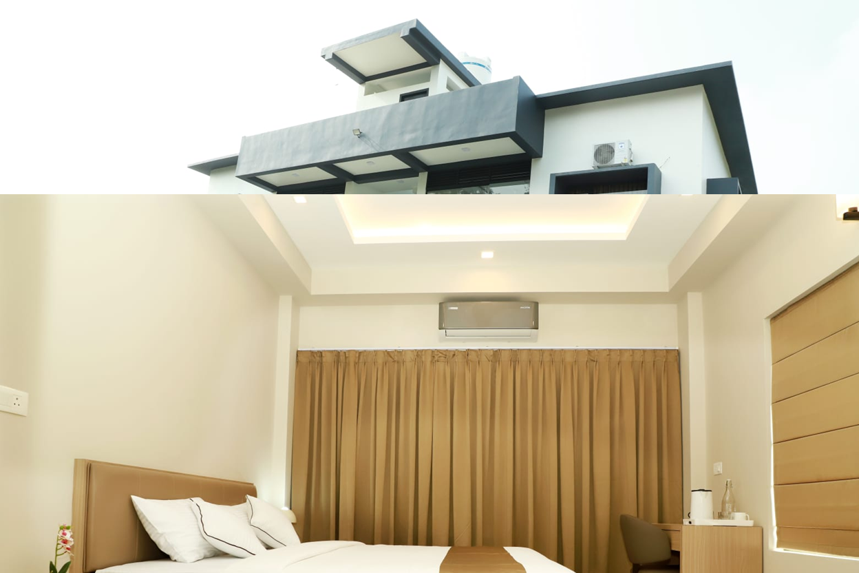 Spacious bedroom with ceiling lights