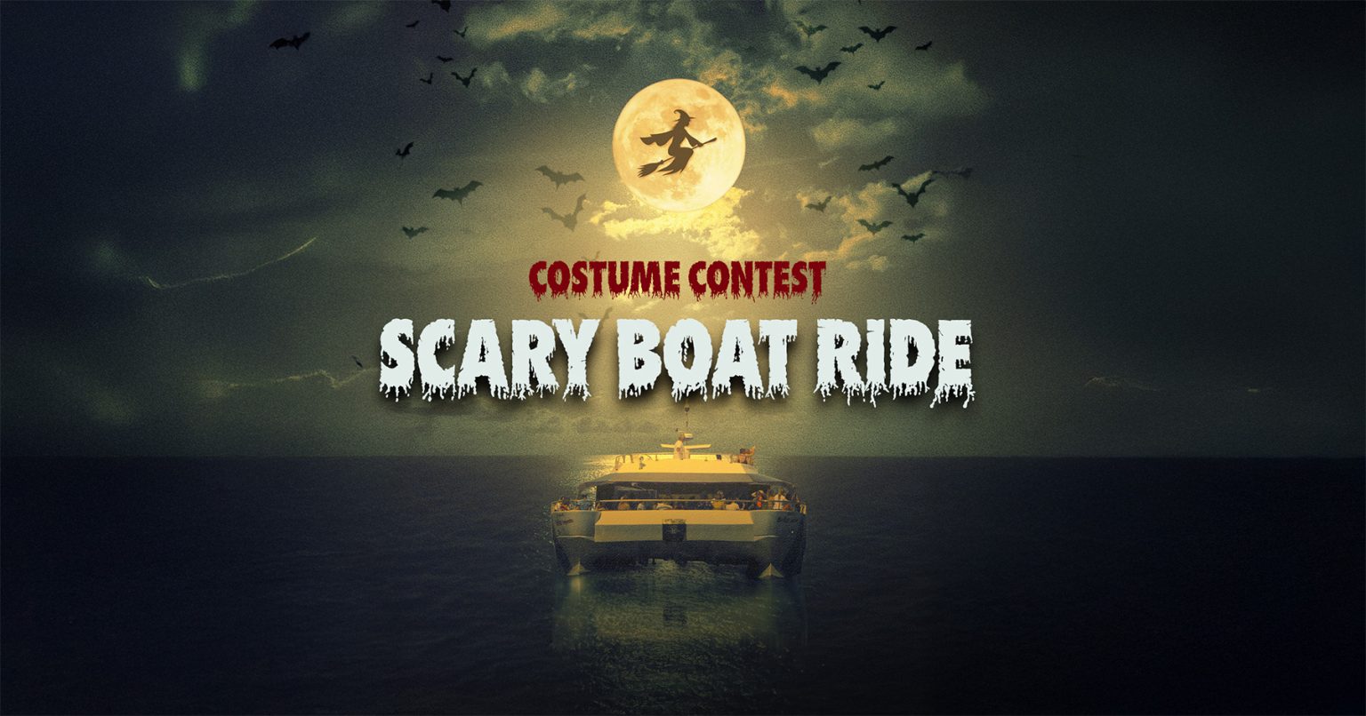 Scary Boat Ride Halloween poster with a costume contest and boat at night