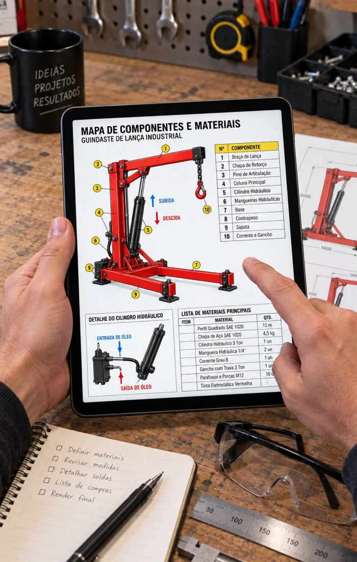 Tablet com mapa de componentes e materiais