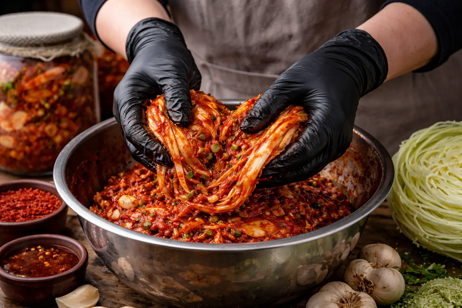 handen die kimchi pasta door Chinese kool mengen