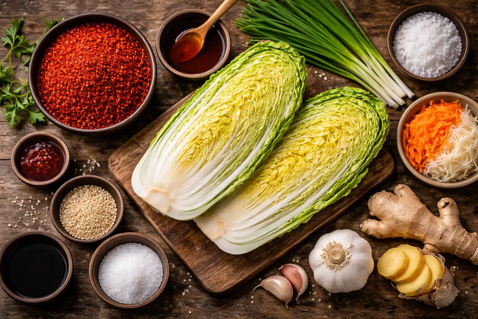 Kimchi ingrediënten flat lay - Chinese kool, gochugaru, knoflook, gember, zout en groene uien