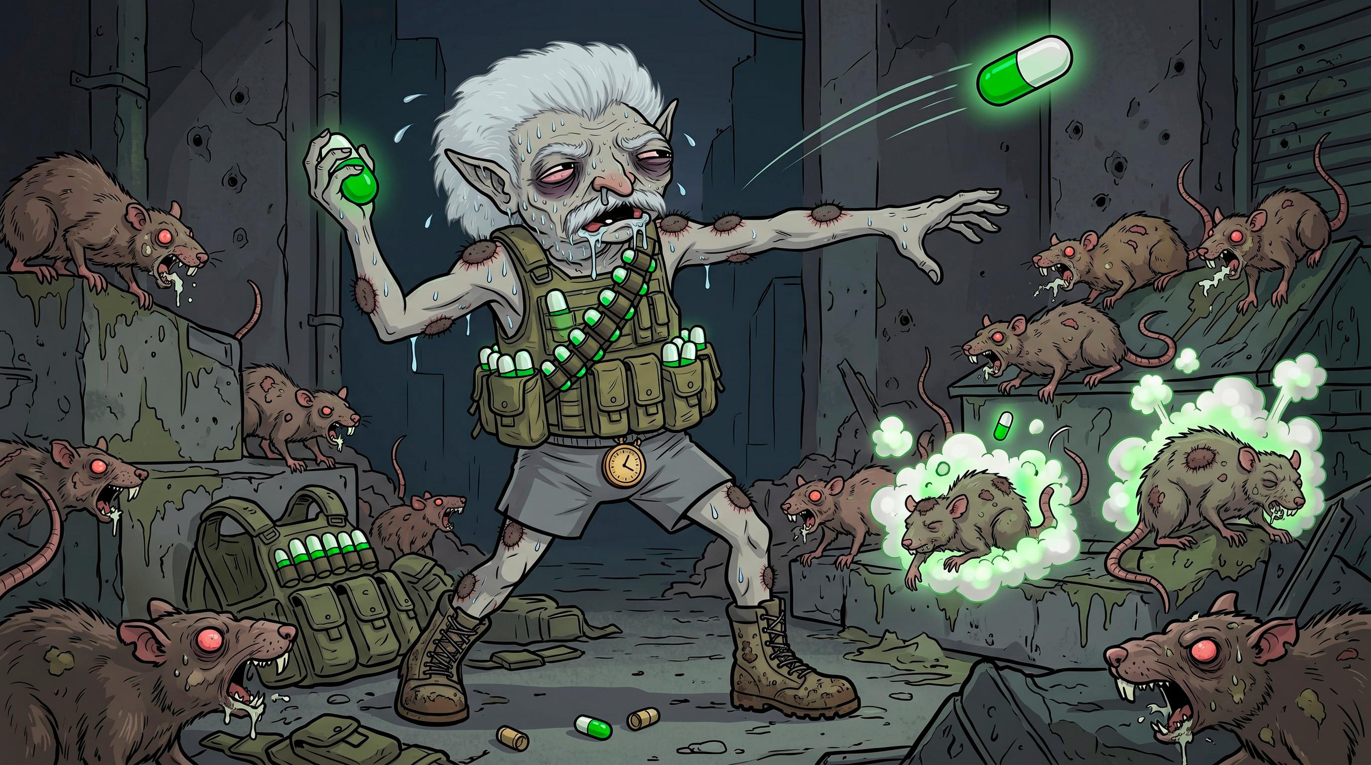 Goblin throwing pills at rats
