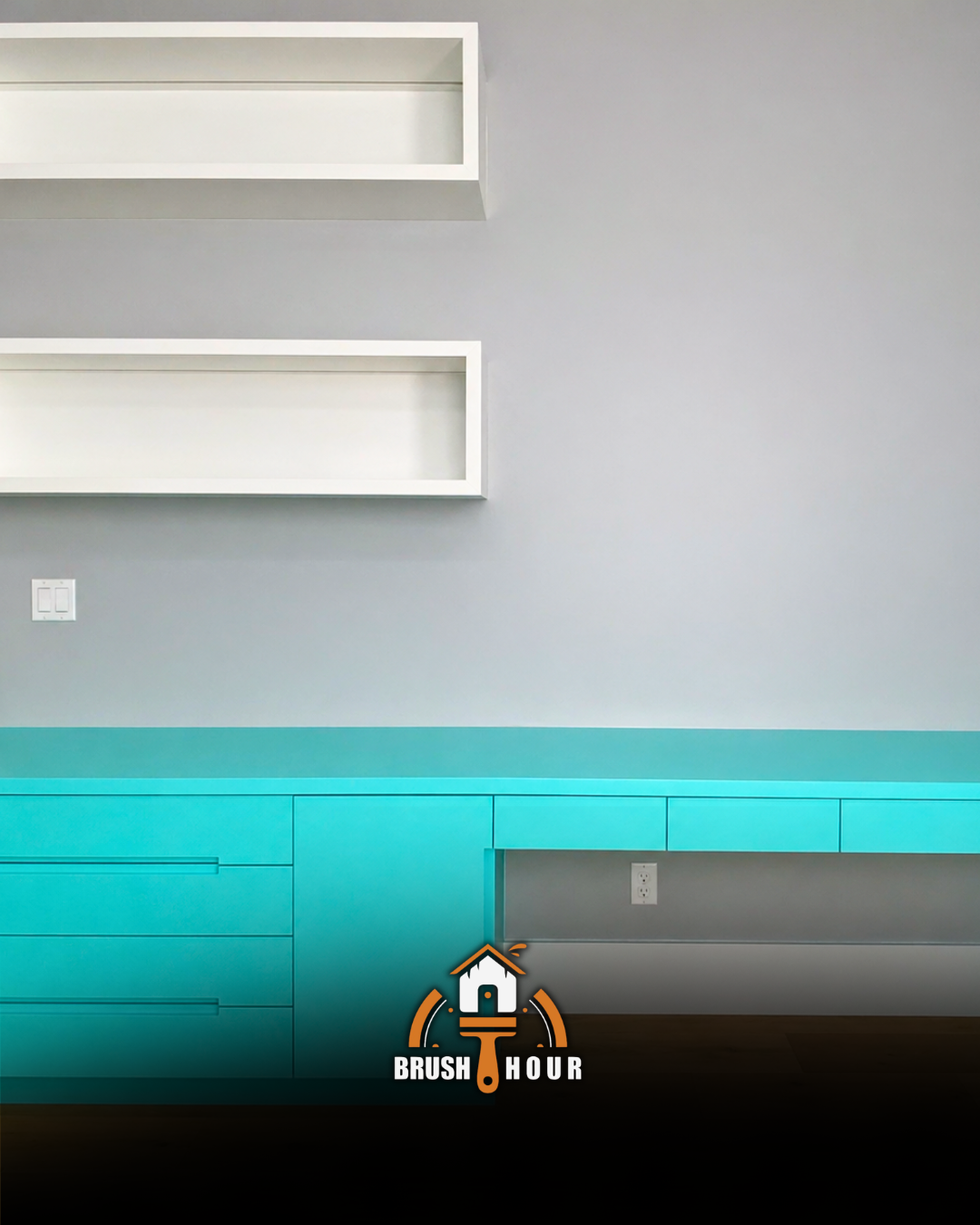 Turquoise cabinet and gray wall