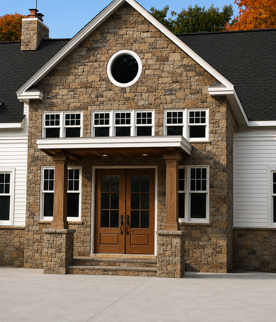 Traditional stone masonry home entry with a wood double door, white trim, and autumn trees.