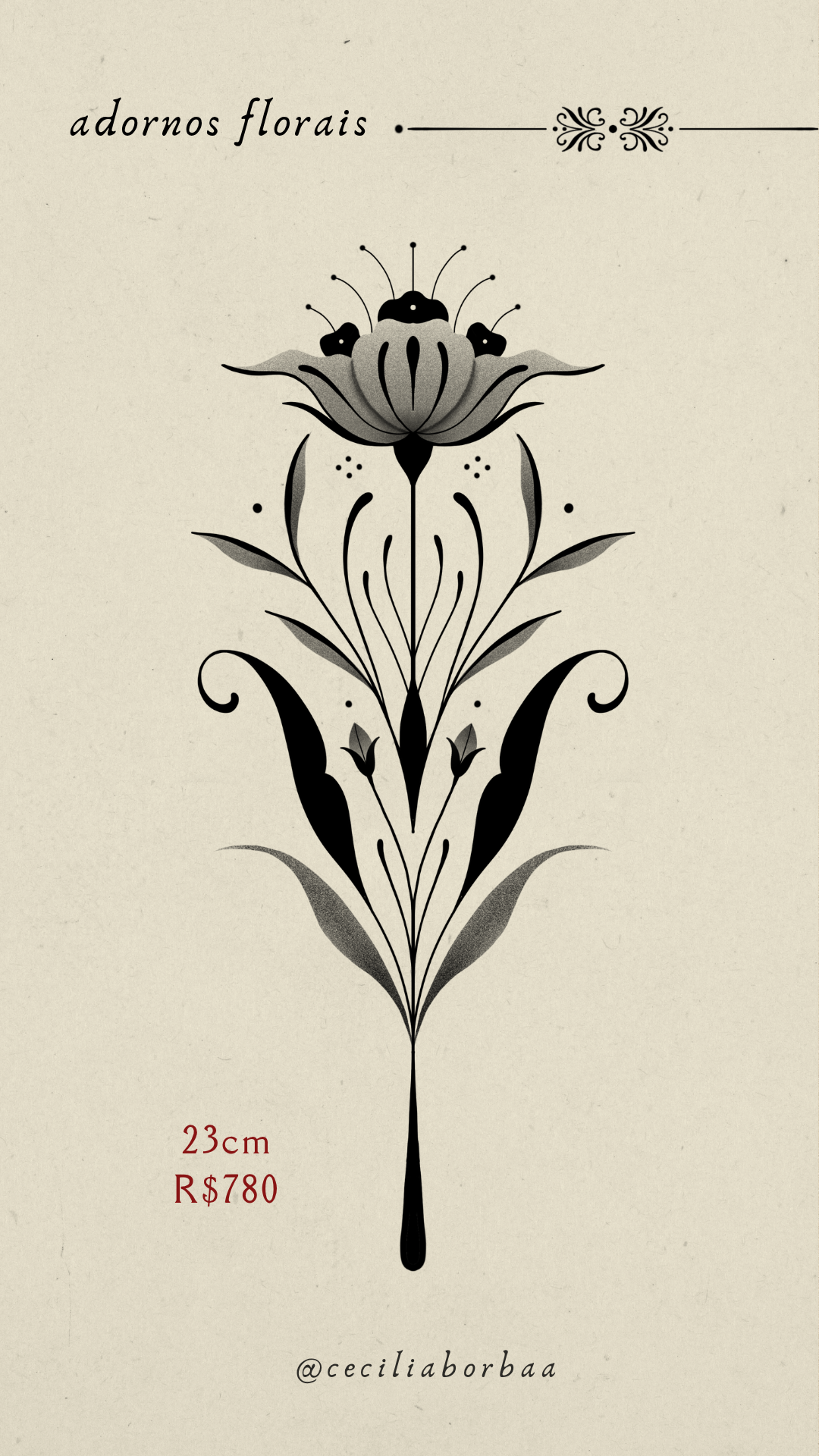 Flor com detalhes simbólicos e padrão ornamental — Adornos florais por Cecília Borba