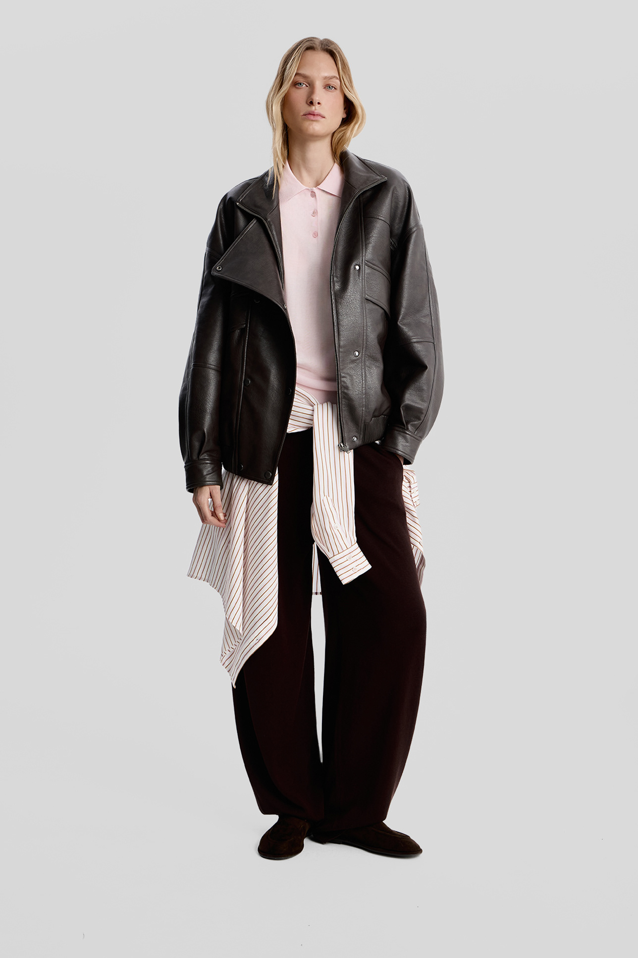 2Mood — black leather jacket + pink shirt + asymmetric striped skirt