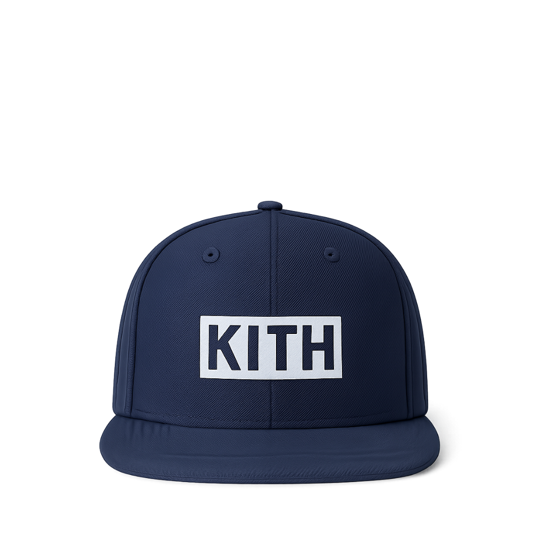 KITH navy snapback cap with white box logo rendered front facing