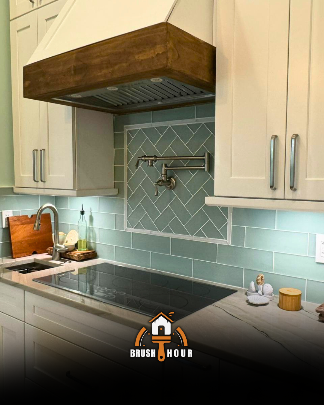 Kitchen with white cabinets and tile backsplash