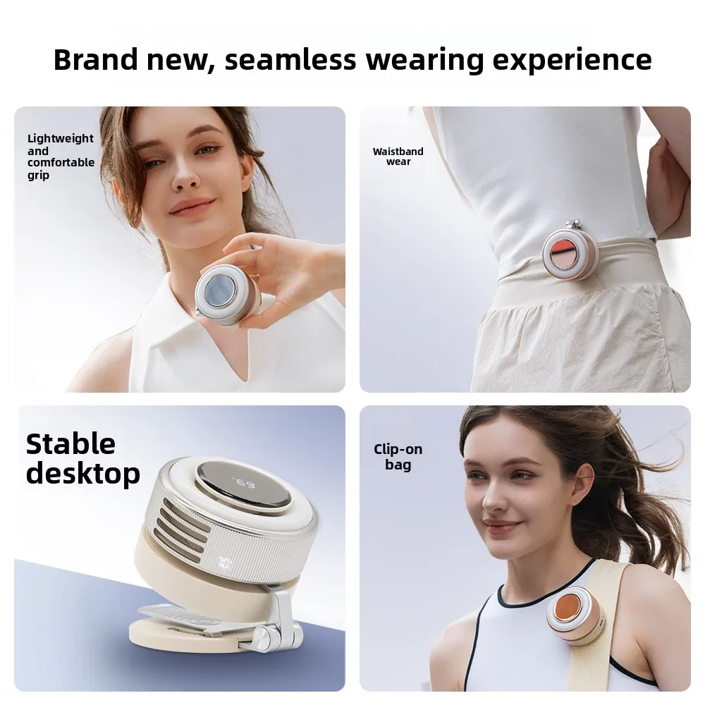 Woman holding the palm-sized AURA ONE fan near her collar