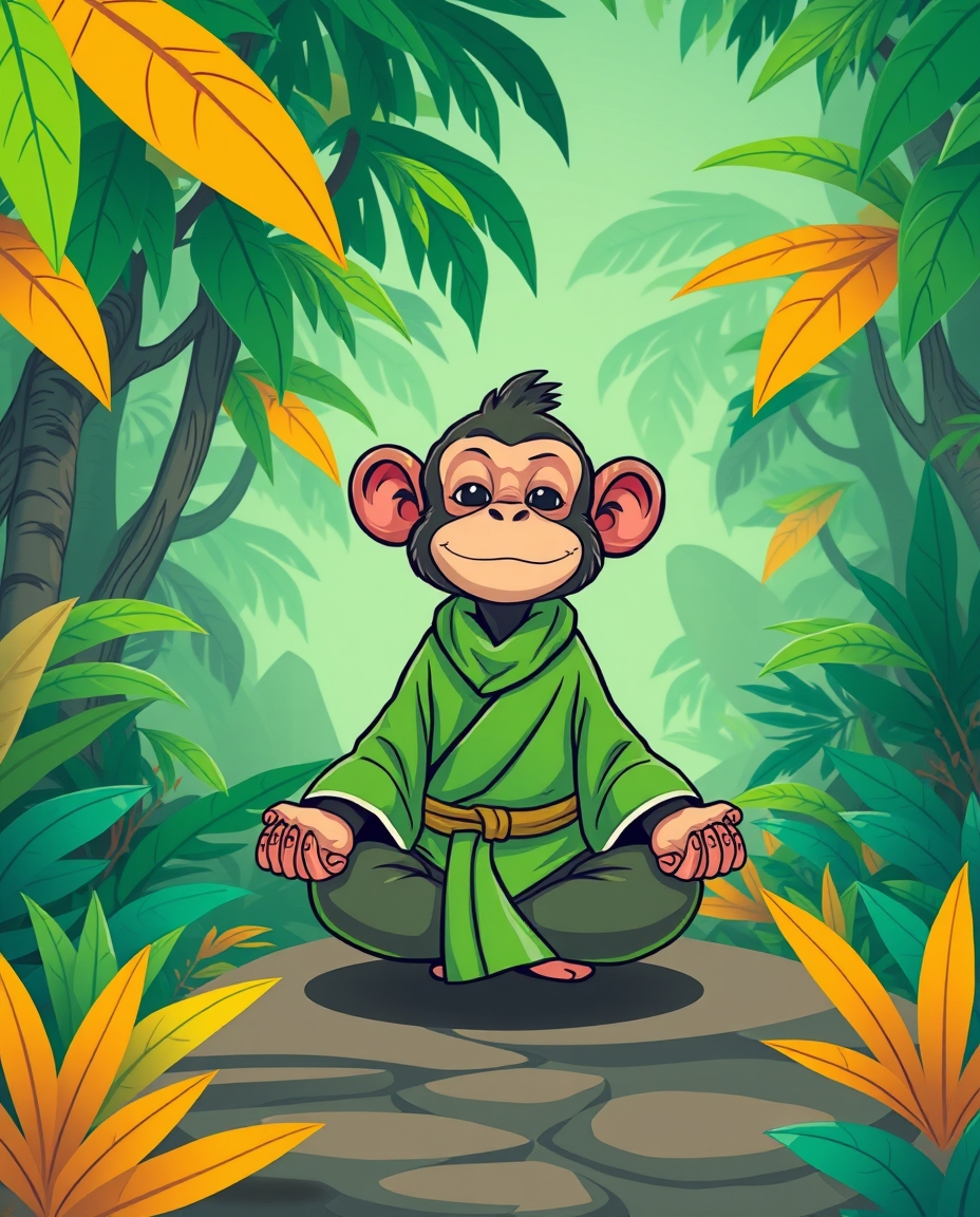 Zen monkey meditating in a peaceful garden