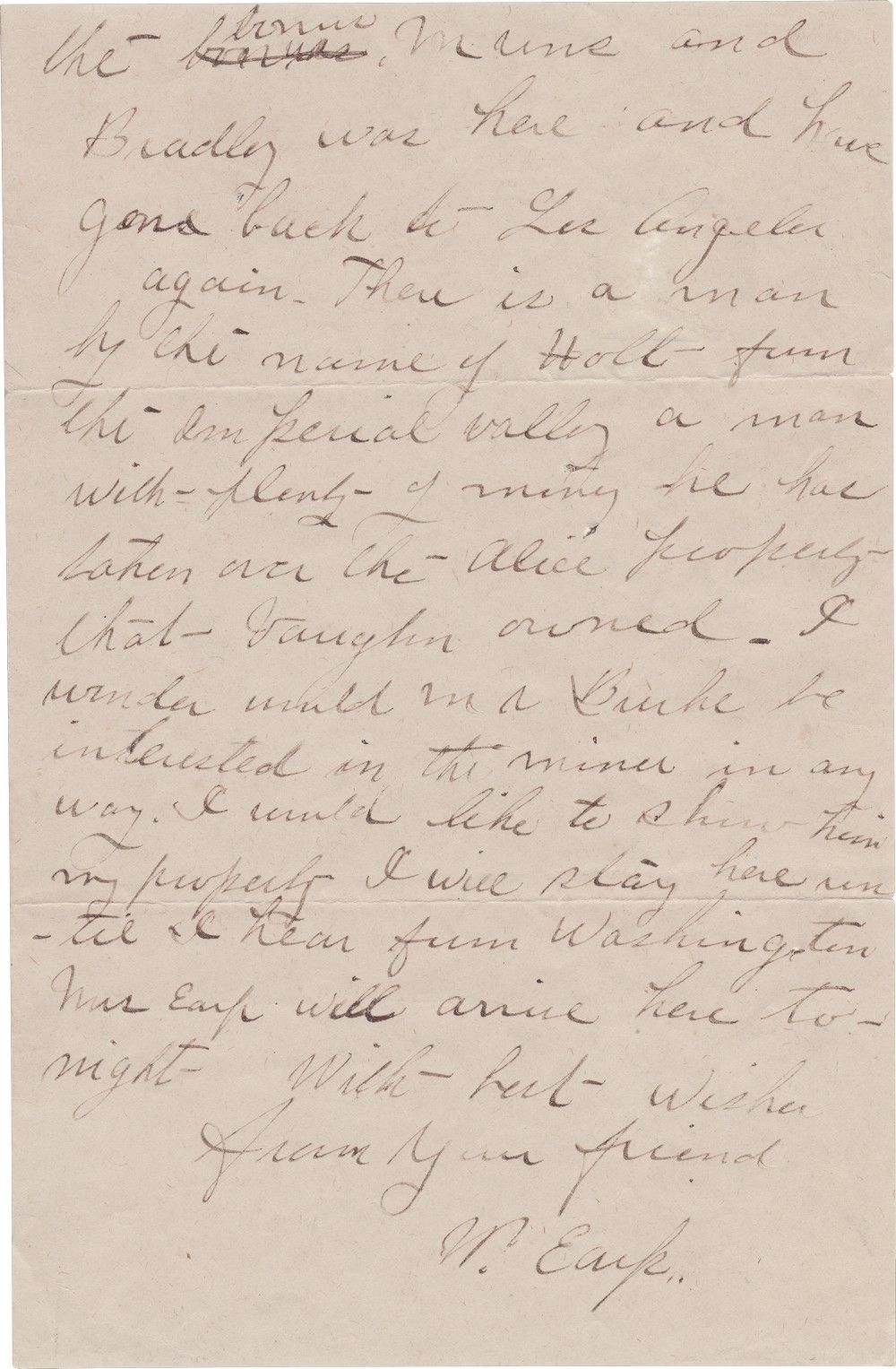 Continuation page of Wyatt Earp’s 1921 Vidal letter describing a prospective buyer, local property, and mining interests.
