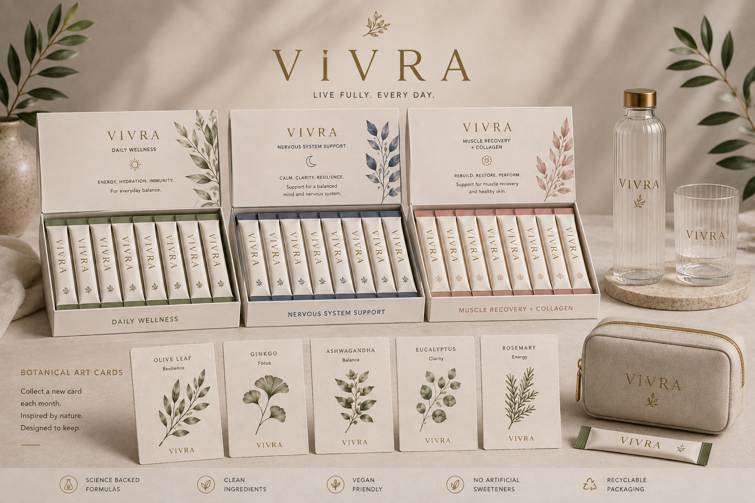 VIVRA product collection with botanical art cards