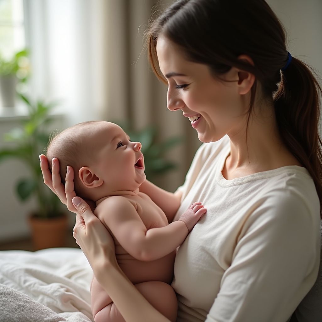 A mother laughing joyfully with her happy baby