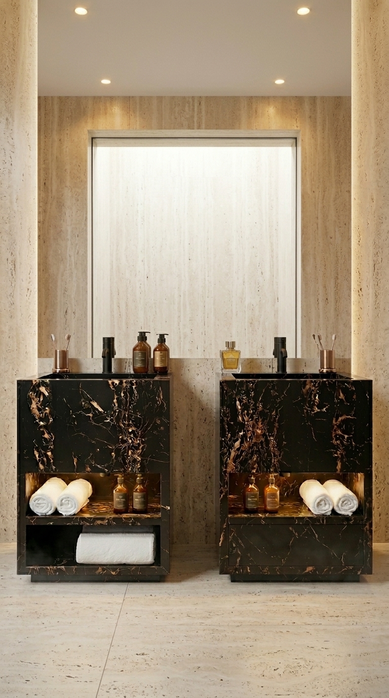 NOIR IMPÉRIAL - Configuration Duo dans salle de bain luxueuse avec murs travertin