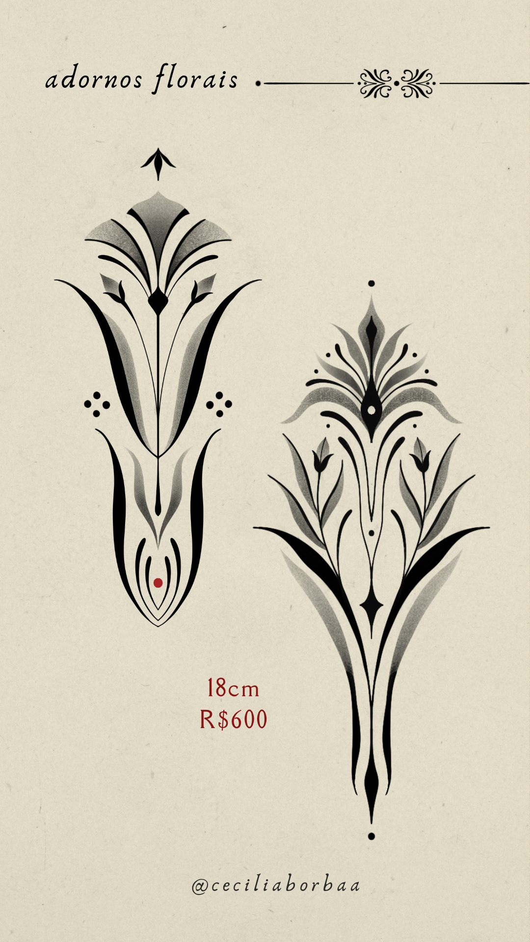 Duas flores alongadas com seta decorativa — Adornos florais por Cecília Borba