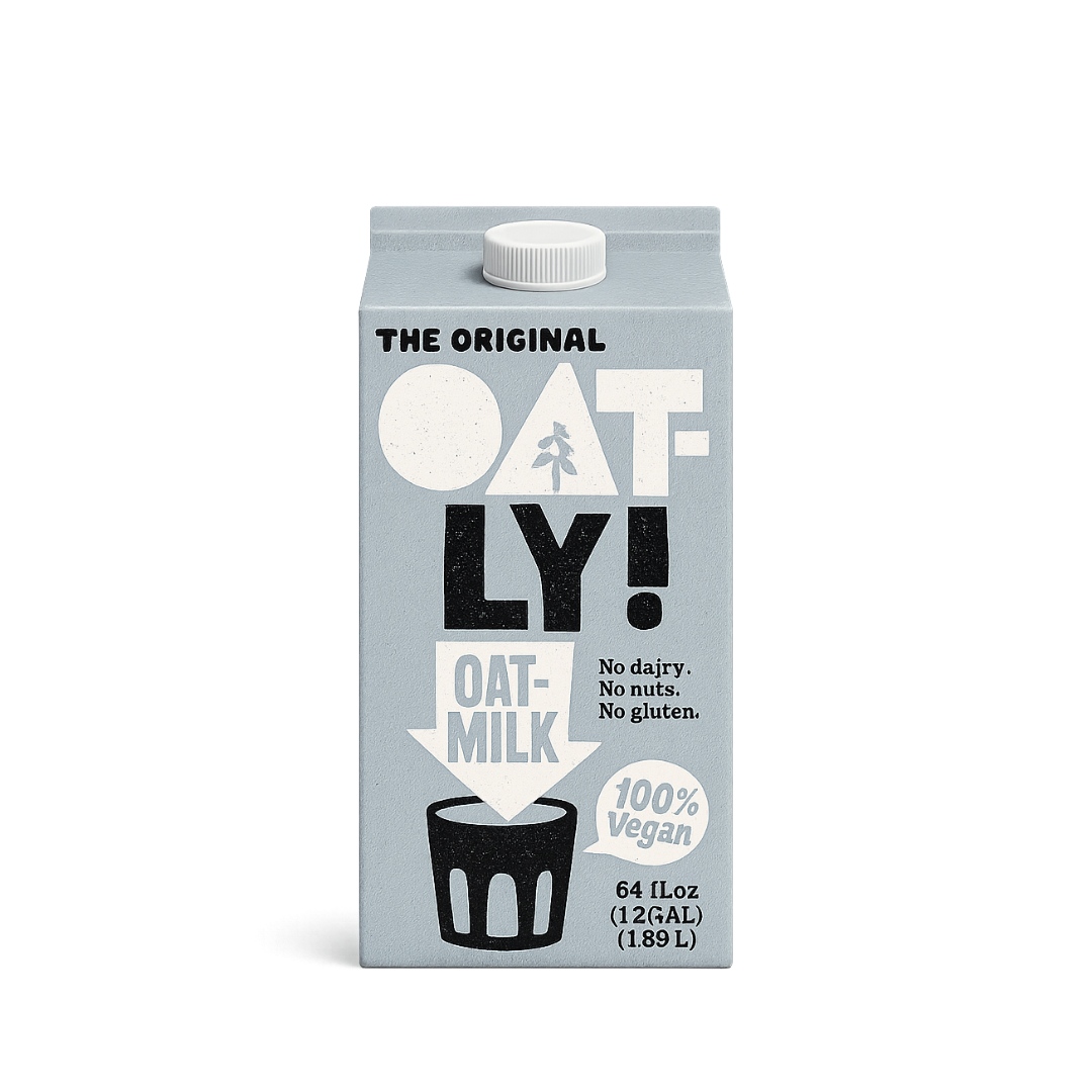 Oatly oat milk carton in slate blue rendered with iconic typographic label