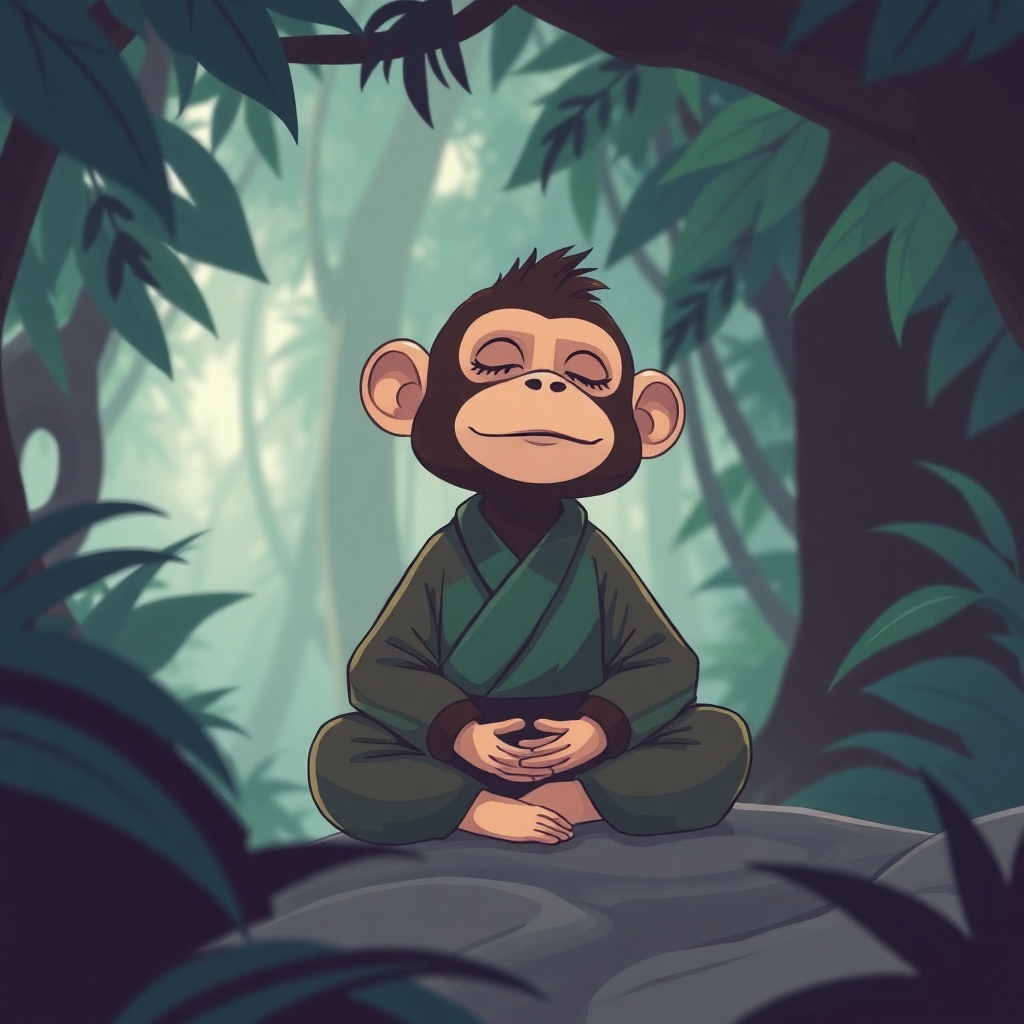 Peaceful monkey meditating in a serene jungle setting