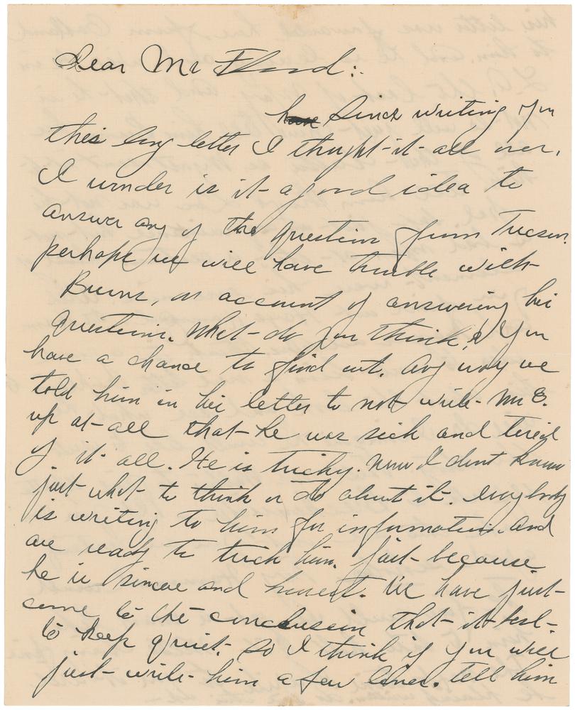 A page of Josephine Earp’s handwritten 1927 letter to John Flood, beginning ‘Dear Mr. Flood.’