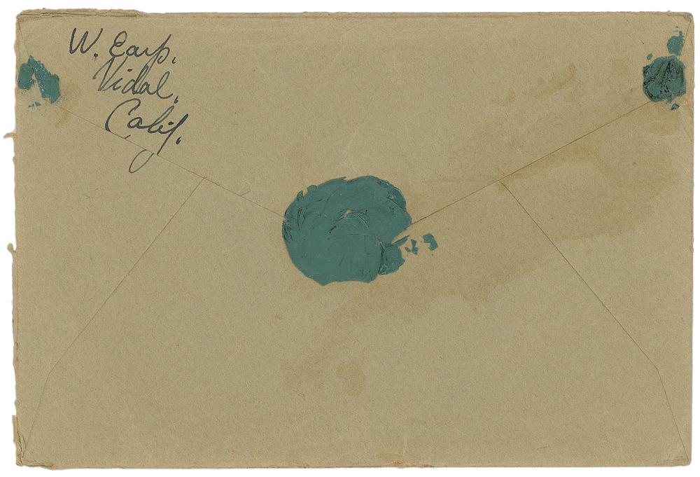 The reverse of the 1927 letter envelope, with ‘W. Earp, Vidal, Calif.’ handwritten near its upper left corner.